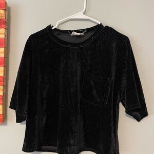 Love Riche Black Ribbed Velvet Short-Sleeve Tee